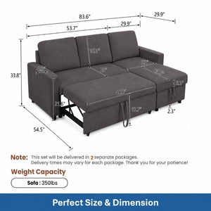 English Elm 83.6 Inch Flannel Sectional Sleeper Sofa with Hidden Chaise Storage for Living Rooms Dark Brown B082S00144