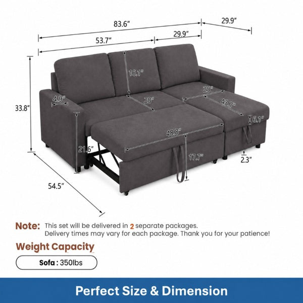 English Elm 83.6 Inch Flannel Sectional Sleeper Sofa with Hidden Chaise Storage for Living Rooms Dark Brown B082S00144