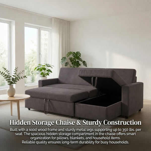 English Elm 83.6 Inch Flannel Sectional Sleeper Sofa with Hidden Chaise Storage for Living Rooms Dark Brown B082S00144