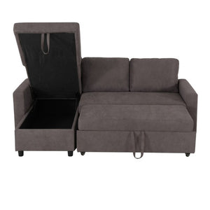 English Elm 83.6 Inch Flannel Sectional Sleeper Sofa with Hidden Chaise Storage for Living Rooms Dark Brown B082S00144