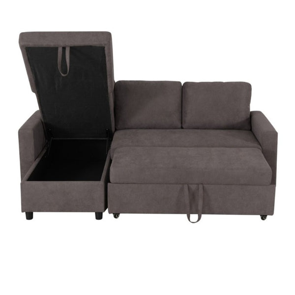 English Elm 83.6 Inch Flannel Sectional Sleeper Sofa with Hidden Chaise Storage for Living Rooms Dark Brown B082S00144