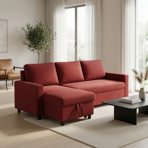 English Elm 83.6 Inch Flannel Sectional Sleeper Sofa with Hidden Chaise Storage for Living Rooms Red B082S00145