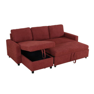 English Elm 83.6 Inch Flannel Sectional Sleeper Sofa with Hidden Chaise Storage for Living Rooms Red B082S00145