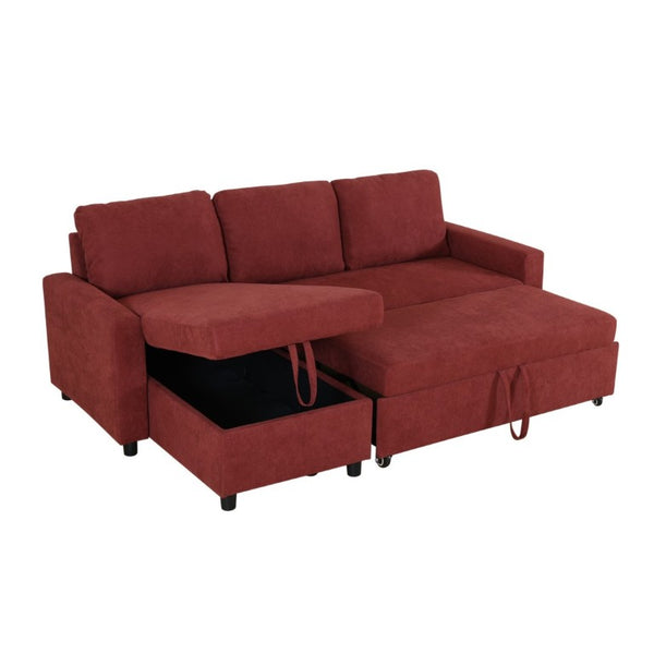 English Elm 83.6 Inch Flannel Sectional Sleeper Sofa with Hidden Chaise Storage for Living Rooms Red B082S00145