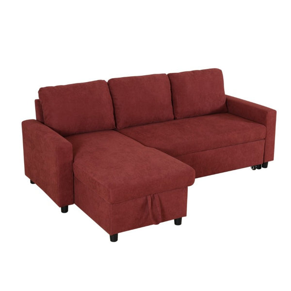 English Elm 83.6 Inch Flannel Sectional Sleeper Sofa with Hidden Chaise Storage for Living Rooms Red B082S00145