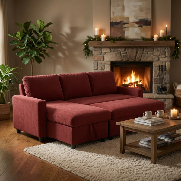 English Elm 83.6 Inch Flannel Sectional Sleeper Sofa with Hidden Chaise Storage for Living Rooms Red B082S00145