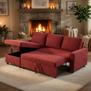 English Elm 83.6 Inch Flannel Sectional Sleeper Sofa with Hidden Chaise Storage for Living Rooms Red B082S00145