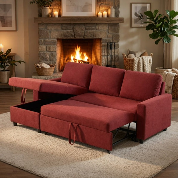 English Elm 83.6 Inch Flannel Sectional Sleeper Sofa with Hidden Chaise Storage for Living Rooms Red B082S00145