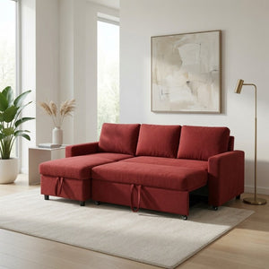 English Elm 83.6 Inch Flannel Sectional Sleeper Sofa with Hidden Chaise Storage for Living Rooms Red B082S00145