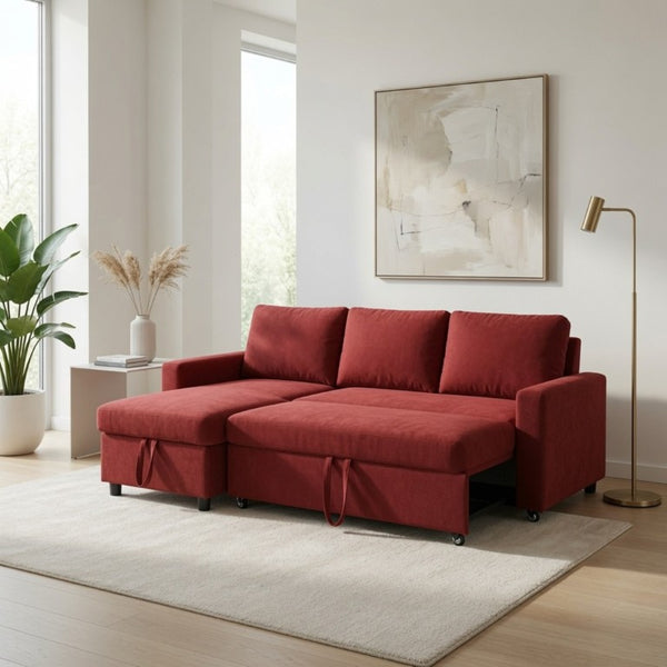 English Elm 83.6 Inch Flannel Sectional Sleeper Sofa with Hidden Chaise Storage for Living Rooms Red B082S00145