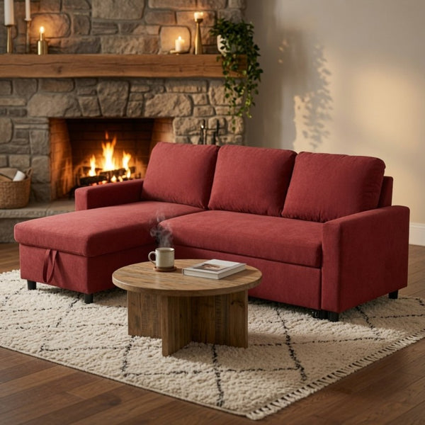 English Elm 83.6 Inch Flannel Sectional Sleeper Sofa with Hidden Chaise Storage for Living Rooms Red B082S00145