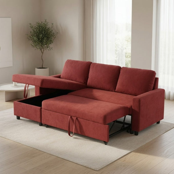 English Elm 83.6 Inch Flannel Sectional Sleeper Sofa with Hidden Chaise Storage for Living Rooms Red B082S00145