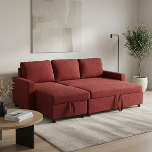 English Elm 83.6 Inch Flannel Sectional Sleeper Sofa with Hidden Chaise Storage for Living Rooms Red B082S00145