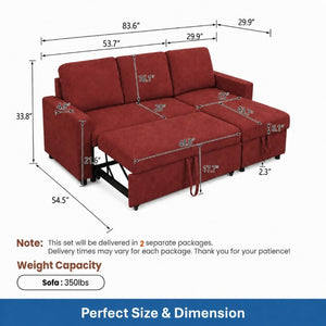 English Elm 83.6 Inch Flannel Sectional Sleeper Sofa with Hidden Chaise Storage for Living Rooms Red B082S00145