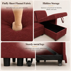English Elm 83.6 Inch Flannel Sectional Sleeper Sofa with Hidden Chaise Storage for Living Rooms Red B082S00145