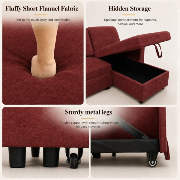English Elm 83.6 Inch Flannel Sectional Sleeper Sofa with Hidden Chaise Storage for Living Rooms Red B082S00145