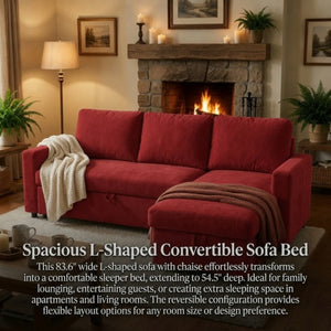 English Elm 83.6 Inch Flannel Sectional Sleeper Sofa with Hidden Chaise Storage for Living Rooms Red B082S00145