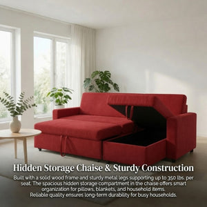 English Elm 83.6 Inch Flannel Sectional Sleeper Sofa with Hidden Chaise Storage for Living Rooms Red B082S00145