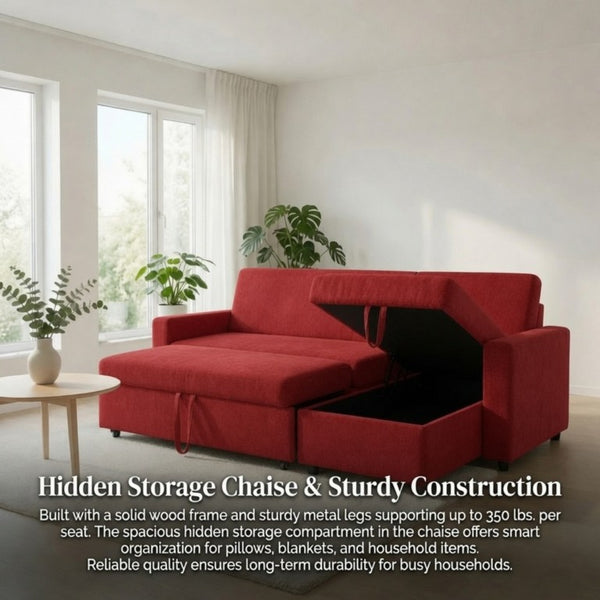 English Elm 83.6 Inch Flannel Sectional Sleeper Sofa with Hidden Chaise Storage for Living Rooms Red B082S00145