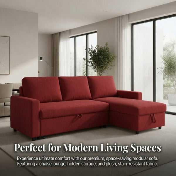 English Elm 83.6 Inch Flannel Sectional Sleeper Sofa with Hidden Chaise Storage for Living Rooms Red B082S00145
