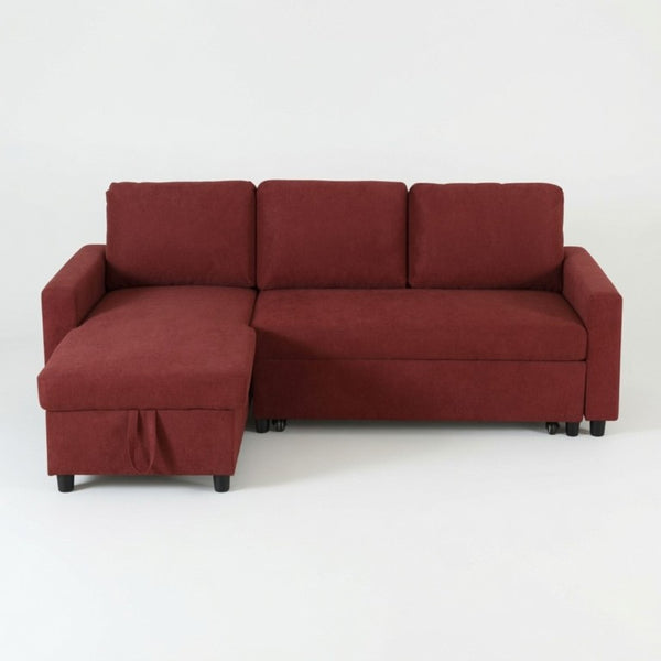 English Elm 83.6 Inch Flannel Sectional Sleeper Sofa with Hidden Chaise Storage for Living Rooms Red B082S00145
