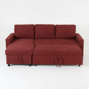 English Elm 83.6 Inch Flannel Sectional Sleeper Sofa with Hidden Chaise Storage for Living Rooms Red B082S00145