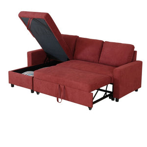 English Elm 83.6 Inch Flannel Sectional Sleeper Sofa with Hidden Chaise Storage for Living Rooms Red B082S00145