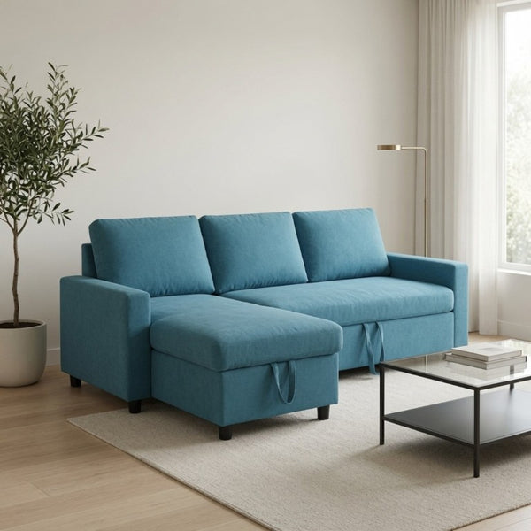 English Elm 83.6 Inch Flannel Sectional Sleeper Sofa with Hidden Chaise Storage for Living Rooms Blue B082S00146