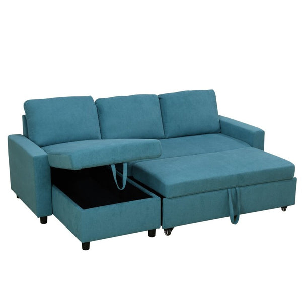 English Elm 83.6 Inch Flannel Sectional Sleeper Sofa with Hidden Chaise Storage for Living Rooms Blue B082S00146