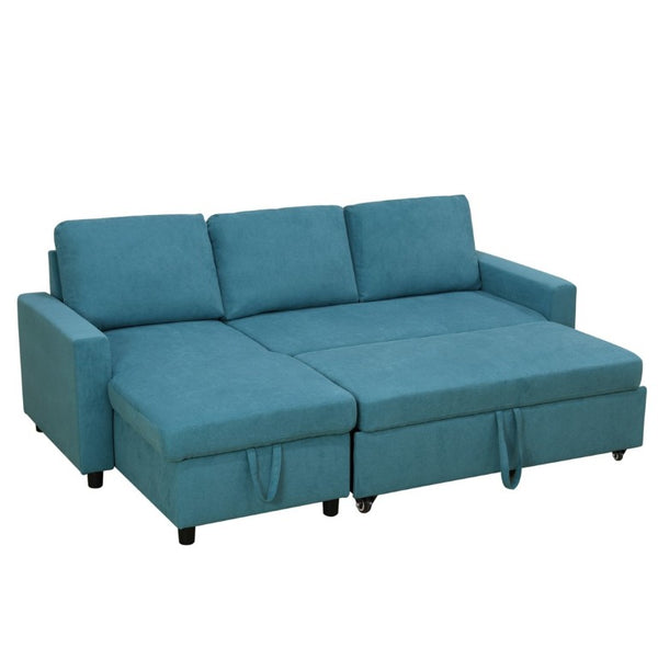 English Elm 83.6 Inch Flannel Sectional Sleeper Sofa with Hidden Chaise Storage for Living Rooms Blue B082S00146