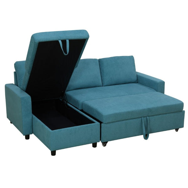 English Elm 83.6 Inch Flannel Sectional Sleeper Sofa with Hidden Chaise Storage for Living Rooms Blue B082S00146