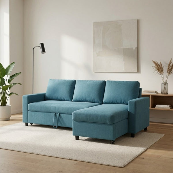 English Elm 83.6 Inch Flannel Sectional Sleeper Sofa with Hidden Chaise Storage for Living Rooms Blue B082S00146