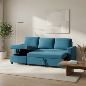 English Elm 83.6 Inch Flannel Sectional Sleeper Sofa with Hidden Chaise Storage for Living Rooms Blue B082S00146