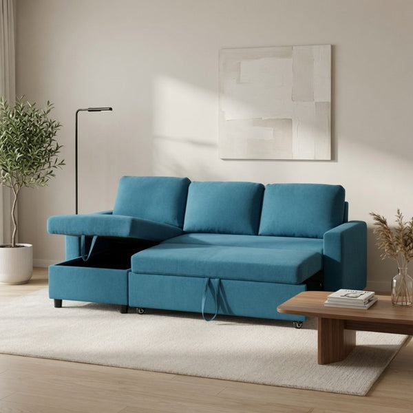 English Elm 83.6 Inch Flannel Sectional Sleeper Sofa with Hidden Chaise Storage for Living Rooms Blue B082S00146