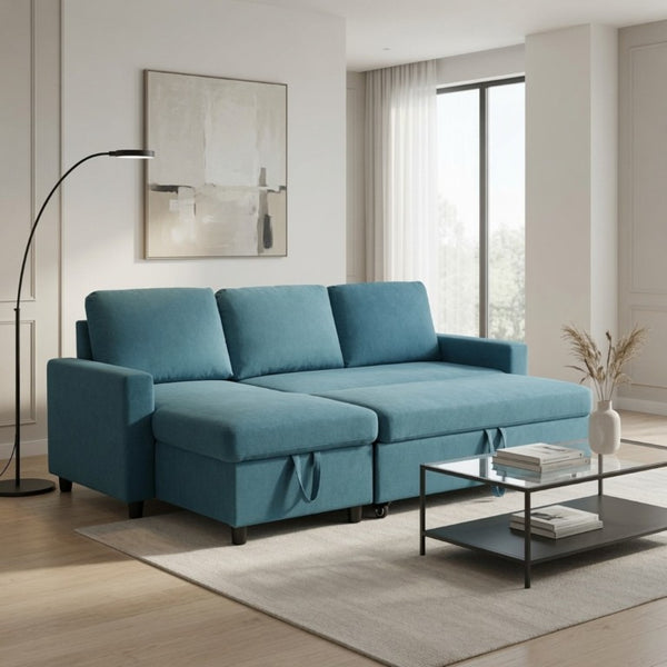 English Elm 83.6 Inch Flannel Sectional Sleeper Sofa with Hidden Chaise Storage for Living Rooms Blue B082S00146