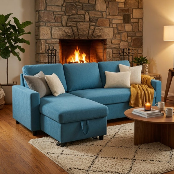 English Elm 83.6 Inch Flannel Sectional Sleeper Sofa with Hidden Chaise Storage for Living Rooms Blue B082S00146