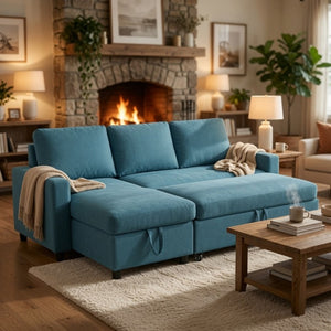 English Elm 83.6 Inch Flannel Sectional Sleeper Sofa with Hidden Chaise Storage for Living Rooms Blue B082S00146