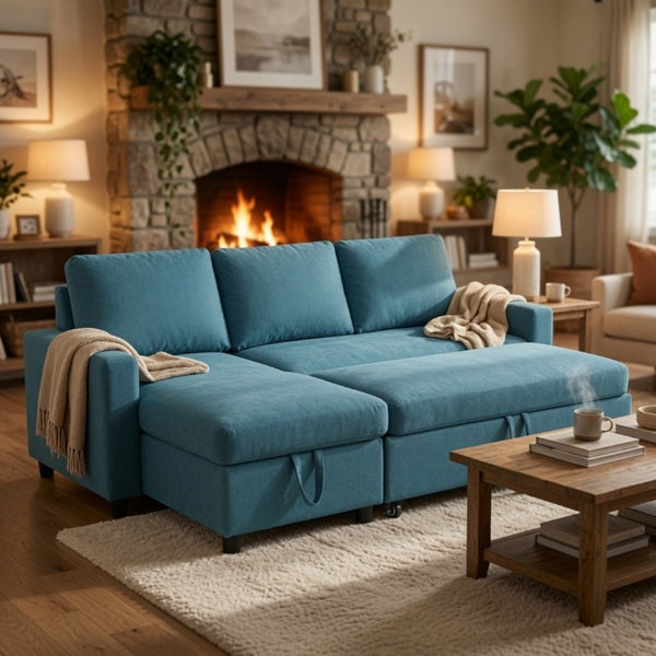 English Elm 83.6 Inch Flannel Sectional Sleeper Sofa with Hidden Chaise Storage for Living Rooms Blue B082S00146
