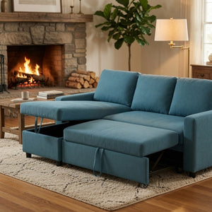English Elm 83.6 Inch Flannel Sectional Sleeper Sofa with Hidden Chaise Storage for Living Rooms Blue B082S00146