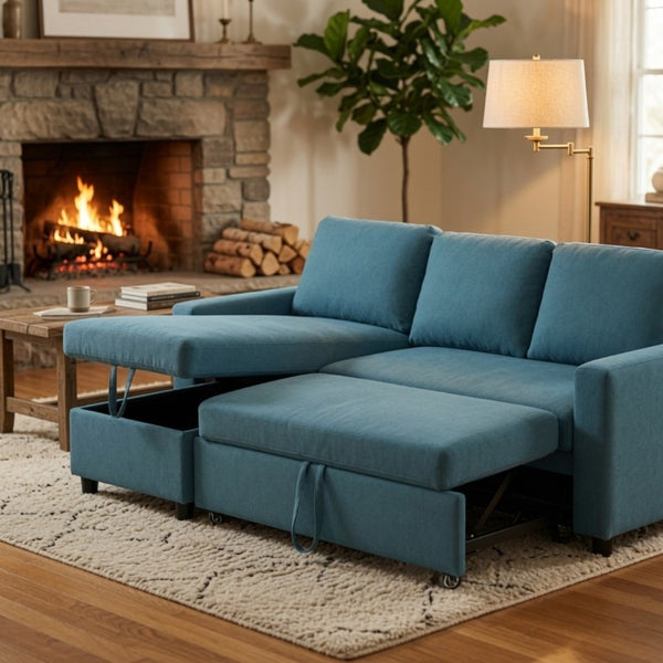 English Elm 83.6 Inch Flannel Sectional Sleeper Sofa with Hidden Chaise Storage for Living Rooms Blue B082S00146