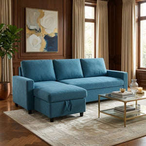 English Elm 83.6 Inch Flannel Sectional Sleeper Sofa with Hidden Chaise Storage for Living Rooms Blue B082S00146