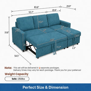 English Elm 83.6 Inch Flannel Sectional Sleeper Sofa with Hidden Chaise Storage for Living Rooms Blue B082S00146