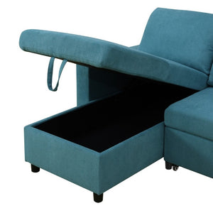 English Elm 83.6 Inch Flannel Sectional Sleeper Sofa with Hidden Chaise Storage for Living Rooms Blue B082S00146