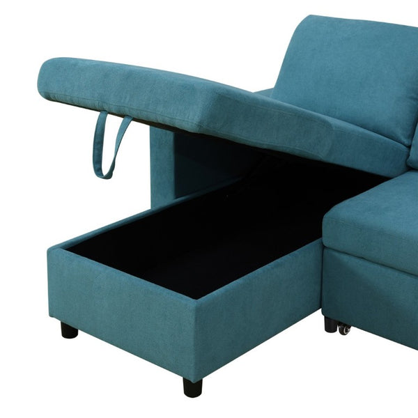 English Elm 83.6 Inch Flannel Sectional Sleeper Sofa with Hidden Chaise Storage for Living Rooms Blue B082S00146