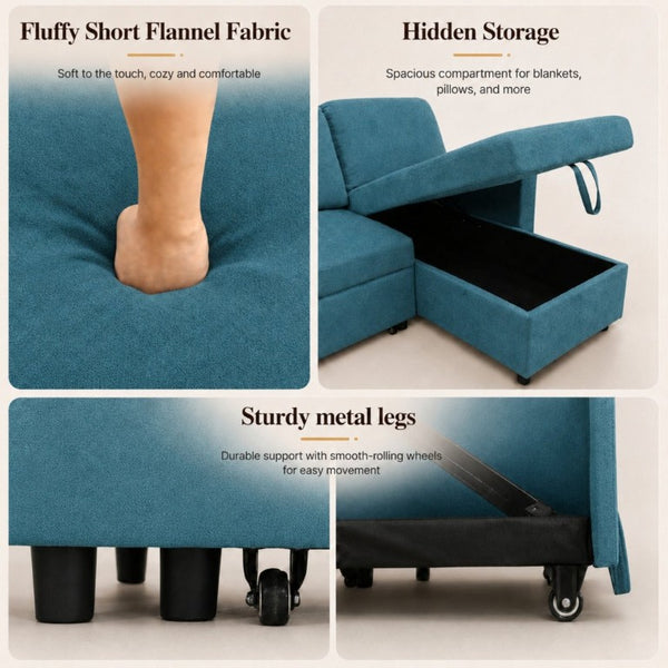 English Elm 83.6 Inch Flannel Sectional Sleeper Sofa with Hidden Chaise Storage for Living Rooms Blue B082S00146