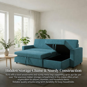 English Elm 83.6 Inch Flannel Sectional Sleeper Sofa with Hidden Chaise Storage for Living Rooms Blue B082S00146