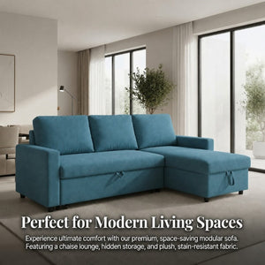 English Elm 83.6 Inch Flannel Sectional Sleeper Sofa with Hidden Chaise Storage for Living Rooms Blue B082S00146