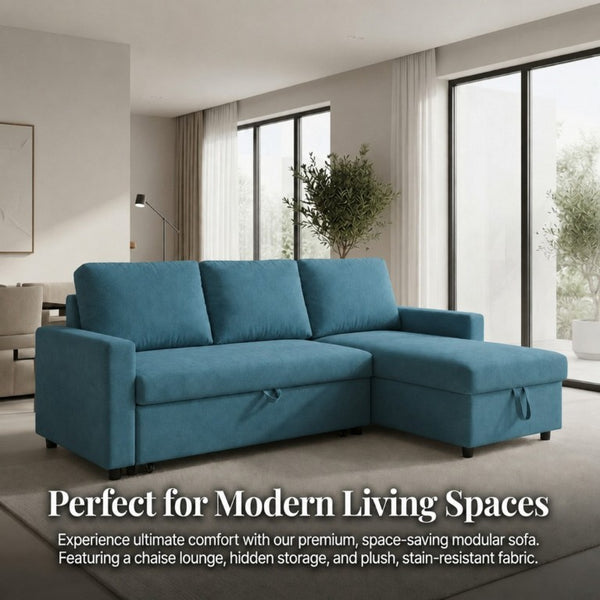 English Elm 83.6 Inch Flannel Sectional Sleeper Sofa with Hidden Chaise Storage for Living Rooms Blue B082S00146