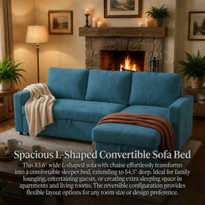 English Elm 83.6 Inch Flannel Sectional Sleeper Sofa with Hidden Chaise Storage for Living Rooms Blue B082S00146