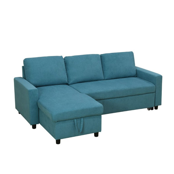English Elm 83.6 Inch Flannel Sectional Sleeper Sofa with Hidden Chaise Storage for Living Rooms Blue B082S00146